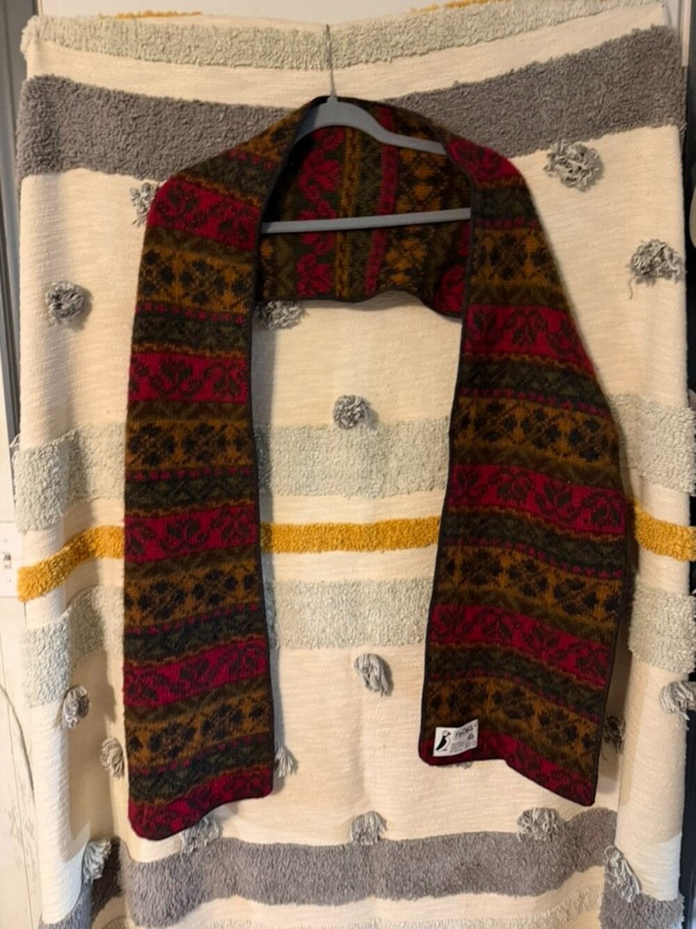 Vtg Floss Iceland Pure New Wool Fair Isle Geometric Knit Winter Scarf Puffin Tag